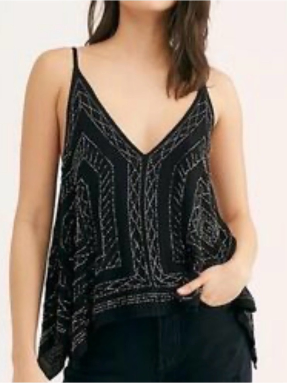 Free pBlack Embroidered V-Neck Spaghetti Strap Tank Top